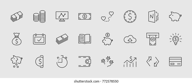 Set of Money Related Vector Line Icons. Contains such Icons as Money Bag, Piggy Bank in the form of a Pig, Wallet, ATM, Bundle of Money, Hand with a Coin and more. Editable Stroke. 32x32 Pixel Perfect