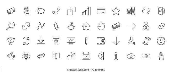 Set of Money Related Vector Line Icons. Contains such Icons as Money Bag, Piggy Bank in the form of a Pig, Wallet, ATM, Bundle of Money, Hand with a Coin and more. Editable Stroke. 32x32 Pixel Perfect