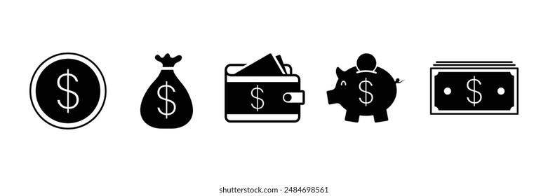 Set of money savings icon collection. Money, Wallet, piggy bank, coin, money bag or box symbol. Vector Illustration.