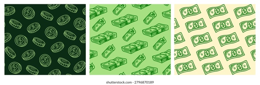 Set of money seamless patterns. Repeating ornaments with coins, dollar bills, bundle of currency and greenbacks. Doodle Human made vector illustration collection isolated on background