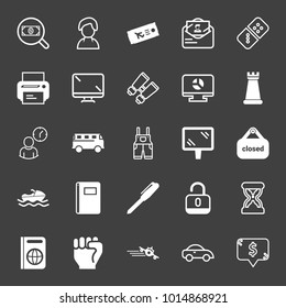 set of money search, female, ticket, letter, domino, printer, monitor, binoculars, chart, chess, time, bus, uniform, banner, boat, notebook, pen, unlock, pen, sand clock, hand, plane, car vector icon