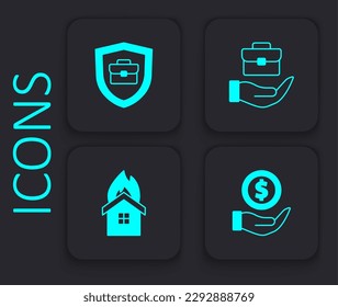 Ponga dinero con el escudo, la maleta, la cartera de la mano y el icono de la casa de fuego. Botón cuadrado negro. Vector