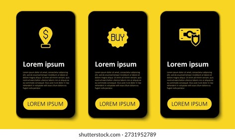 Defina o dinheiro com escudo, botão Comprar e pino de localização de dinheiro. Modelo de infográfico comercial. Vetor