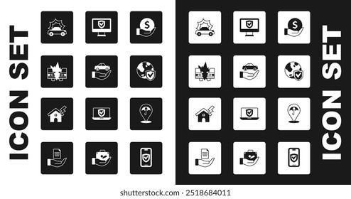 Set Money with shield, Car insurance, accident, Shield world globe, Insurance online, Umbrella and House and lightning icon. Vector