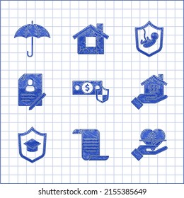 Set Money with shield, Document, Life insurance in hand, House, Graduation cap,  and Umbrella icon. Vector