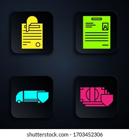 Set Money with shield, File document and paper clip, Delivery cargo truck with shield and Personal document. Black square button. Vector