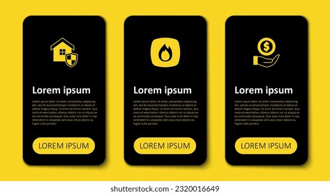 Set Money with shield, Fire flame and House. Business infographic template. Vector