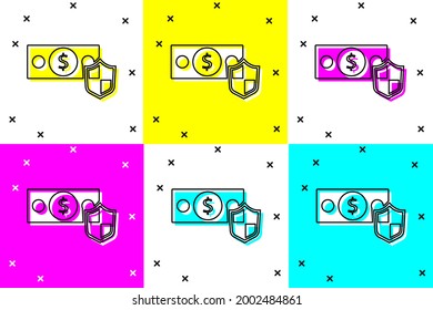 Set Money with shield icon isolated on color background. Insurance concept. Security, safety, protection, protect concept.  Vector