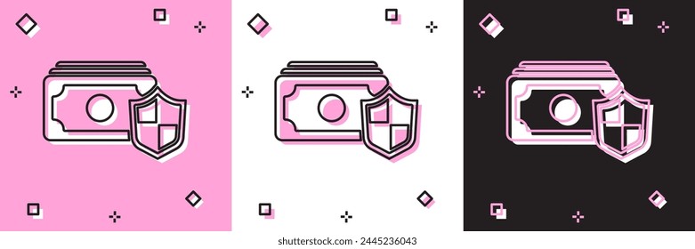 Set Dinero con icono de escudo aislado en rosa y blanco, fondo negro. Concepto de seguro. Seguridad, seguridad, protección, concepto de protección.  Vector
