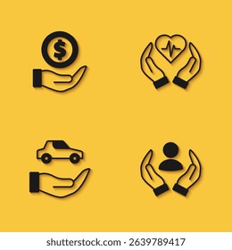 Set Money with shield, Life insurance, Car and  icon with long shadow. Vector