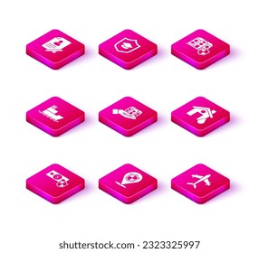 Set Money with shield, Location, Ship, House in hand, Plane, flood,  and Graduation cap icon. Vector