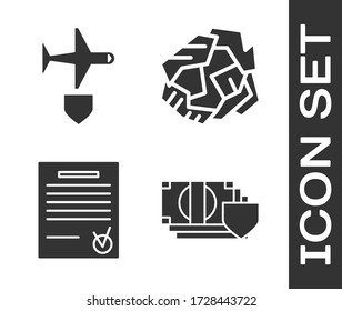 Ajuste el dinero con el escudo, el avión con el escudo, el documento confirmado y la marca de verificación y el icono de la bola de papel arrugado. Vector