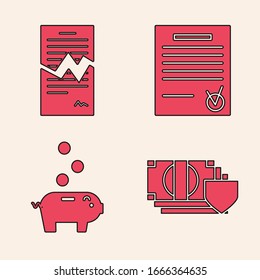 Geld mit Schild, Torn-Vertrag, bestätigtem Dokument und Checkmark und Piggy Bank mit Münzsymbol. Vektorillustration