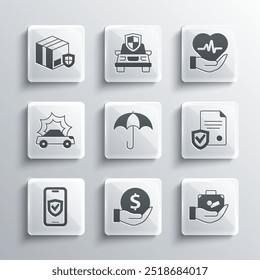 Set Money with shield, Travel suitcase in hand, Contract, Umbrella, Insurance online, Car accident, Delivery security and Life insurance icon. Vector