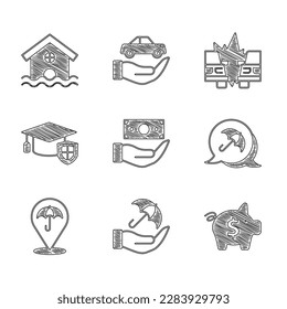 Set Money with shield, Umbrella in hand, Piggy bank, Graduation cap, Car accident and House flood icon. Vector