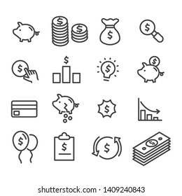 Set of money sign. Marketing, stack of money, business analysis concept outline icon isolated on white background
