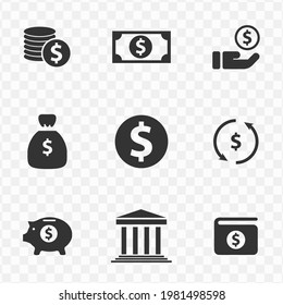 Set Of Money Simple Vector Icons In Dark Color And Transparent Background(png). Vector Illustration.