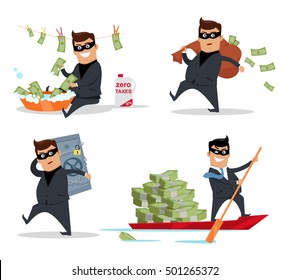 Set of money stealing concepts vector. Flat design. Financial crime, tax evasion, money laundering, corruption illustration. Man in a business suit, in mask washing, stealing, sail with money.