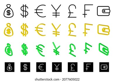 Set of money symbols. Group of isometric, 3D rendering and flat design elements, currency icons in black, white, green and yellow colors.	
