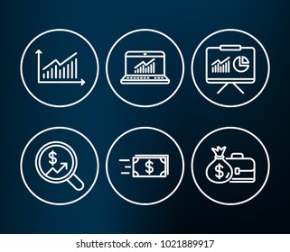 Set of Money transfer, Presentation and Graph icons. Online statistics, Currency audit and Salary signs. Cash delivery, Board with charts, Presentation diagram. Computer data, Money chart. Vector