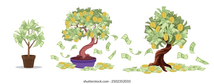 Set of Money tree. Tree with money leaves. Big tree with money instead of leaves and trees in pots on a white background. Fantastical Elements. Vector illustration.