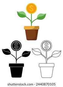 Set money tree plant dollar coin icon. investment symbol template flat design vector illustration