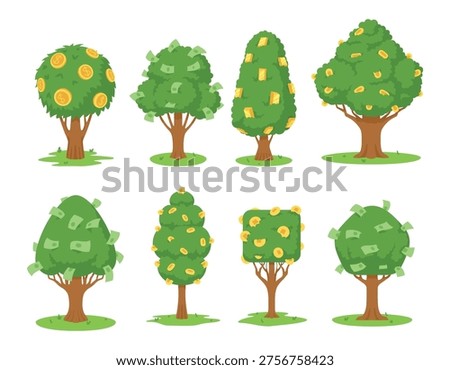 A set of money trees with coins and banknotes on a white background, symbolizing financial success, business prosperity and capital growth