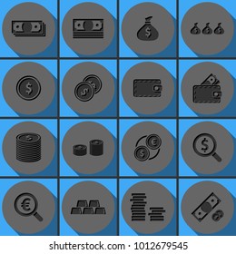 Set of money vector icons. Papercut pictogram with 3d effect.