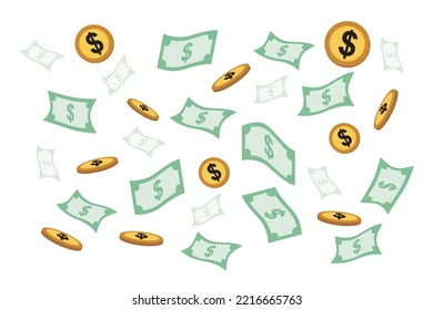 Set of money vector illustration. Gold coins vector illustration. Dollar currency vector. The dollar fell