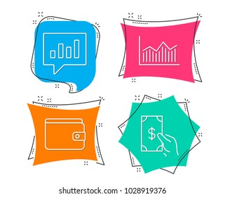 Set of Money wallet, Money diagram and Analytical chat icons. Payment method, Currency diagram, Communication speech bubble. Cash payment.  Flat geometric colored tags. Vivid banners. Vector