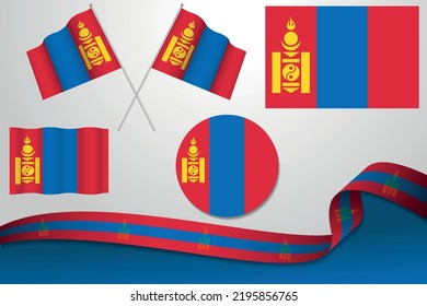 Juego De Banderas De Mongolia En Diferentes Diseños, Icono, Banderas Y Banda Con Fondo.