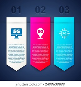 Set Monitor with 5G network, Location and Processor. Business infographic template. Vector