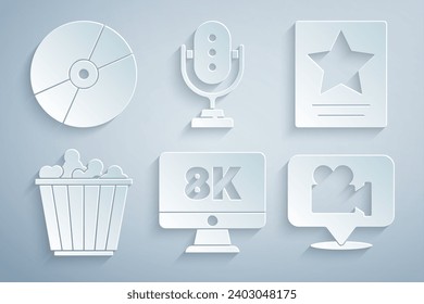 Set Monitor with 8k, Hollywood walk of fame star, Popcorn in box, Camera and location, Microphone and CD DVD disk icon. Vector svg