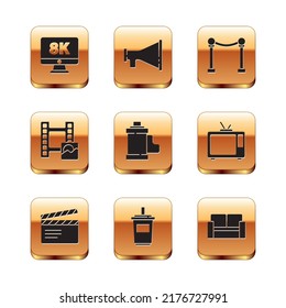 Set Monitor with 8k, Movie clapper, Paper glass water, Camera film roll cartridge, Play Video, Rope barrier, Cinema chair and Megaphone icon. Vector