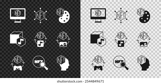 Set Monitor with art store app, NFT blockchain technology, Digital crypto, Search,  and  icon. Vector