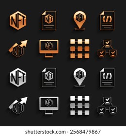 Set Monitor with art store app, Binary code, NFT blockchain technology, growth bar chart, Digital crypto,  and contract icon. Vector