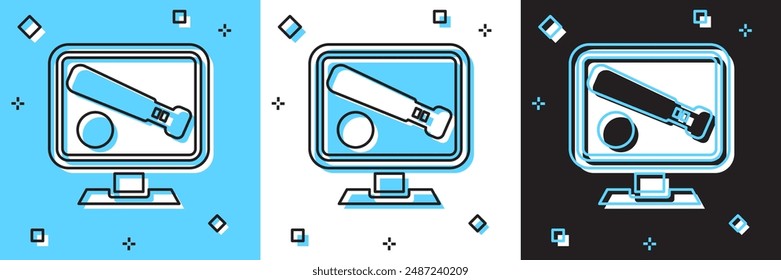 Set Monitor with baseball ball and bat on the screen icon isolated on blue and white, black background. Online baseball game.  Vector