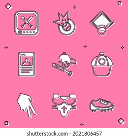 Set Monitor with baseball game, Baseball, field, card, bat hat, cap, glove and Player chest protector icon. Vector
