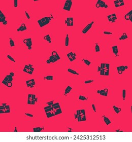 Set Monitor with cardiogram, Hand sanitizer bottle, Bottle of medicine syrup and Medical thermometer on seamless pattern. Vector