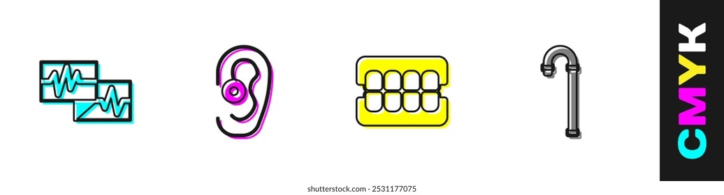 Conjunto Monitor con cardiograma, audífono, mandíbula falsa e icono de bastón de bastón. Vector