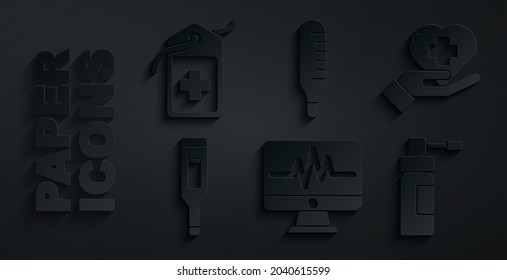 Set Monitor with cardiogram, Heart cross, Medical digital thermometer, Bottle nozzle spray,  and Cross hospital medical tag icon. Vector