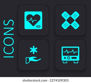 Set Monitor with cardiogram, Heart rate, Crossed bandage plaster and hospital medical icon. Black square button. Vector