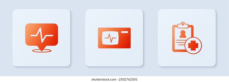 Set Monitor with cardiogram, Heart rate and Patient record. White square button. Vector