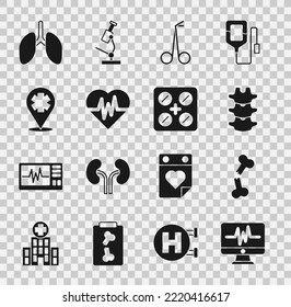 Set Monitor With Cardiogram, Human Broken Bone, Spine, Medical Scissors, Heart Rate, Location Cross Hospital, Lungs And Pills Blister Pack Icon. Vector