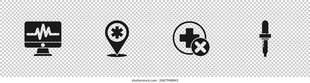 Set Monitor mit Kardiogramm, Map Pointer Cross Hospital, Cross Medical und Pipette Symbol. Vektorgrafik