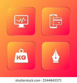 Set Monitor with cardiogram, NFC Payment, Weight and Fountain pen nib icon. Vector