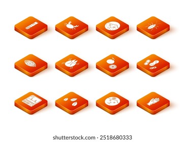 Set Monitor with cardiogram, Sesame seeds, Reddish eye allergic conjunctivitis, Parasite mite, Man having headache, Orange fruit, Hand psoriasis eczema and Peanut icon. Vector