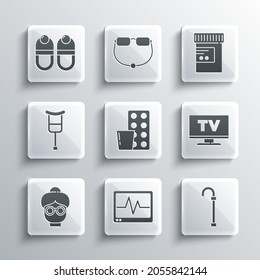 Set Monitor with cardiogram, Walking stick cane, Smart Tv, Pills blister pack, Grandmother, Crutch crutches, Slippers and Medicine bottle pills icon. Vector