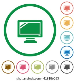 Set of monitor color round outlined flat icons on white background