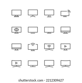 Set of monitor and computer icons, device, screen, laptop, phone, pc, and linear variety vectors.
